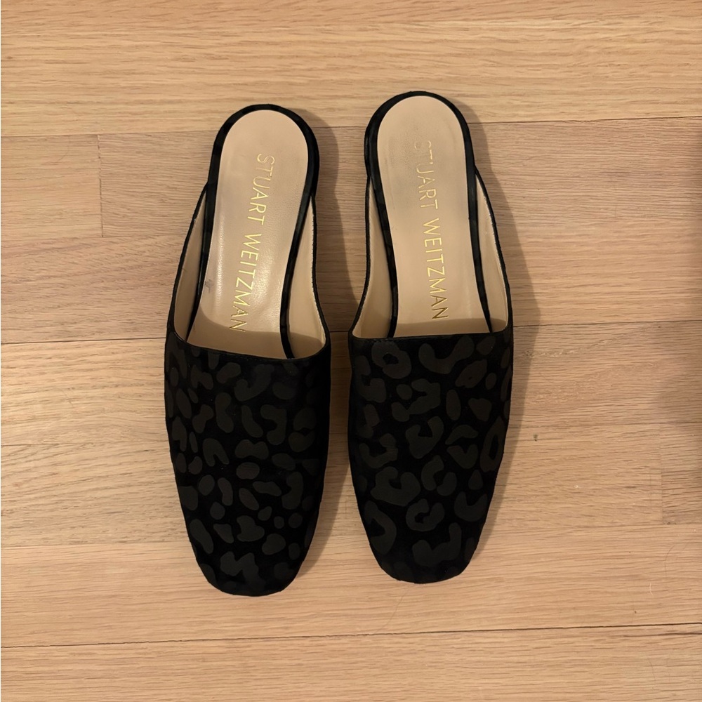 $375 Stuart Weitzman Women's Black Mulearky Leopard Slide Flat Shoes Leather US8